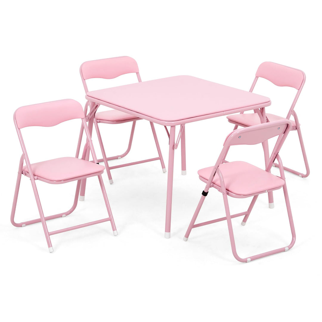 GarveeLife Kinder Klapptisch Stuhl Set 1+4 Eisen PU Holz Rosa | Vollstahlrahmen PU Leder Polster Hol