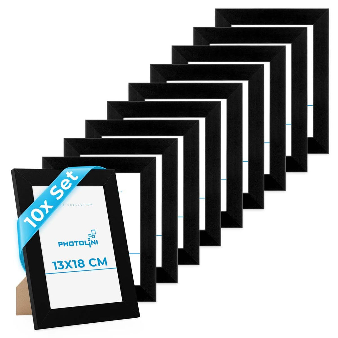 PHOTOLINI Bilderrahmen 13x18 Schwarz Holz MDF, 10er Set breite Bilderrahmen 18x13, Fotorahmen 13 x 1