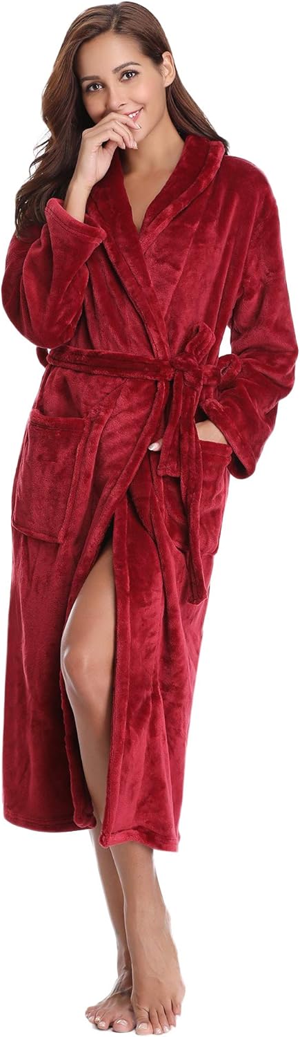 Vlazom Winter Bademantel weicher Flanell Bademantel Damen Saunamantel mit Kapuze Flauschiger Morgenm