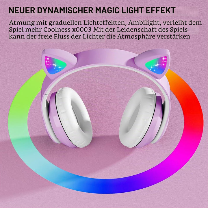 Bluetooth kopfhörer Kinder,Mädchen Katzenohr Kopfhörer Over-Ear mit LED-licht Faltbare Stereo Kopfhö