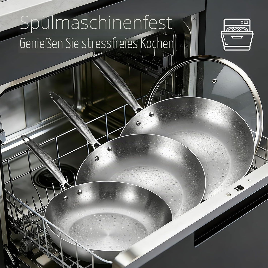 Inqibee Edelstahlpfanne Bratpfannenset Unbeschichtet 20 24 28 cm mit Deckel - Pfannenset Edelstahl,