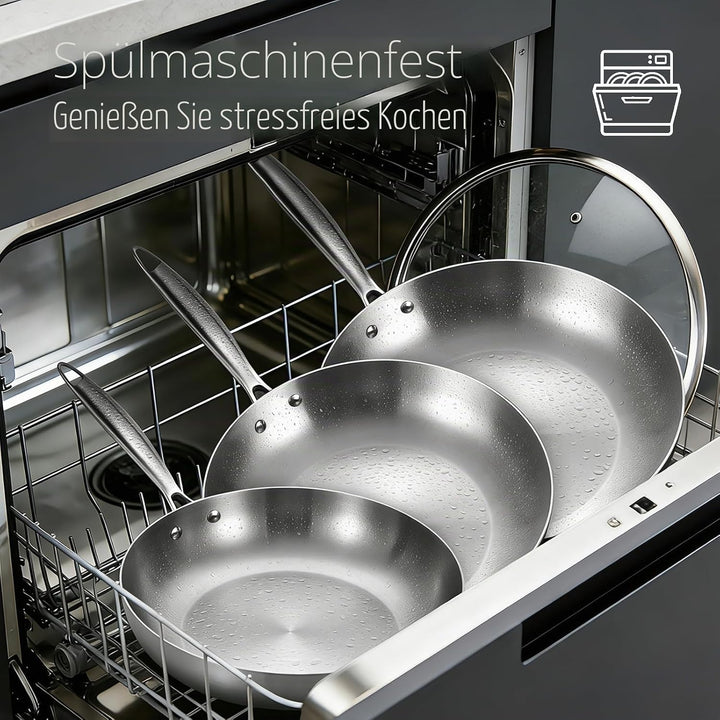Inqibee Edelstahlpfanne Bratpfannenset Unbeschichtet 20 24 28 cm mit Deckel - Pfannenset Edelstahl,