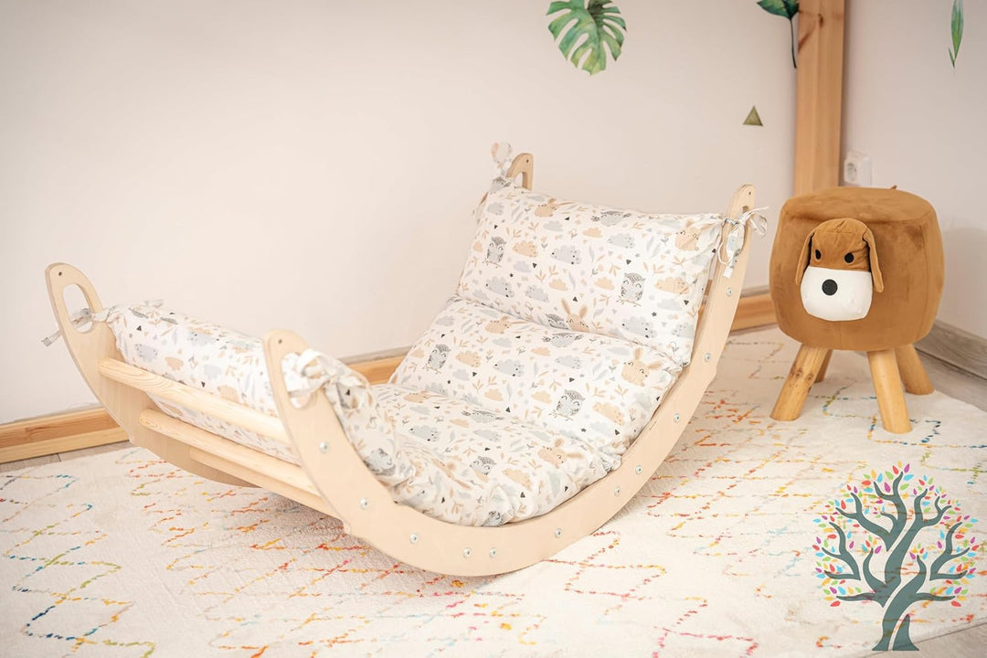WoodsCraft Kletterbogen mit Kissen & Rutsche Indoor | Wippe Kinder & 2in1: Babyrutsche & Rampe | Hol