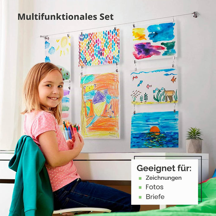 Kinder-Kunstdisplay für Wand (48 Clips – 3 m Draht) Kunstwerk Display für Kinder Kunst – Kunsthänges