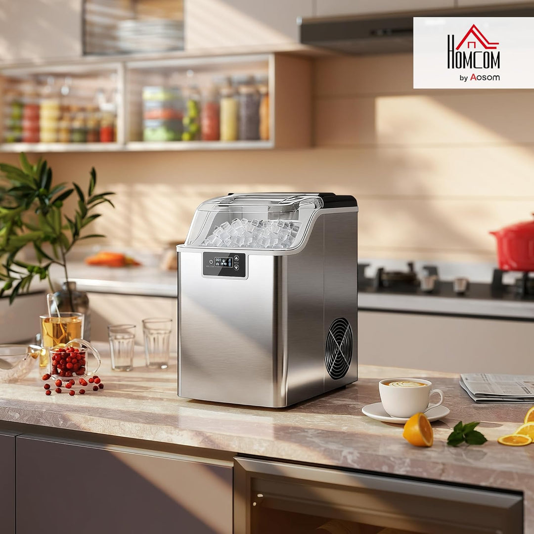 HOMCOM Eiswürfelmaschine Edelstahl, Ice Maker mit 24 Eiswürfeln pro Durchgang, 20kg/24h, 2,1L Wasser