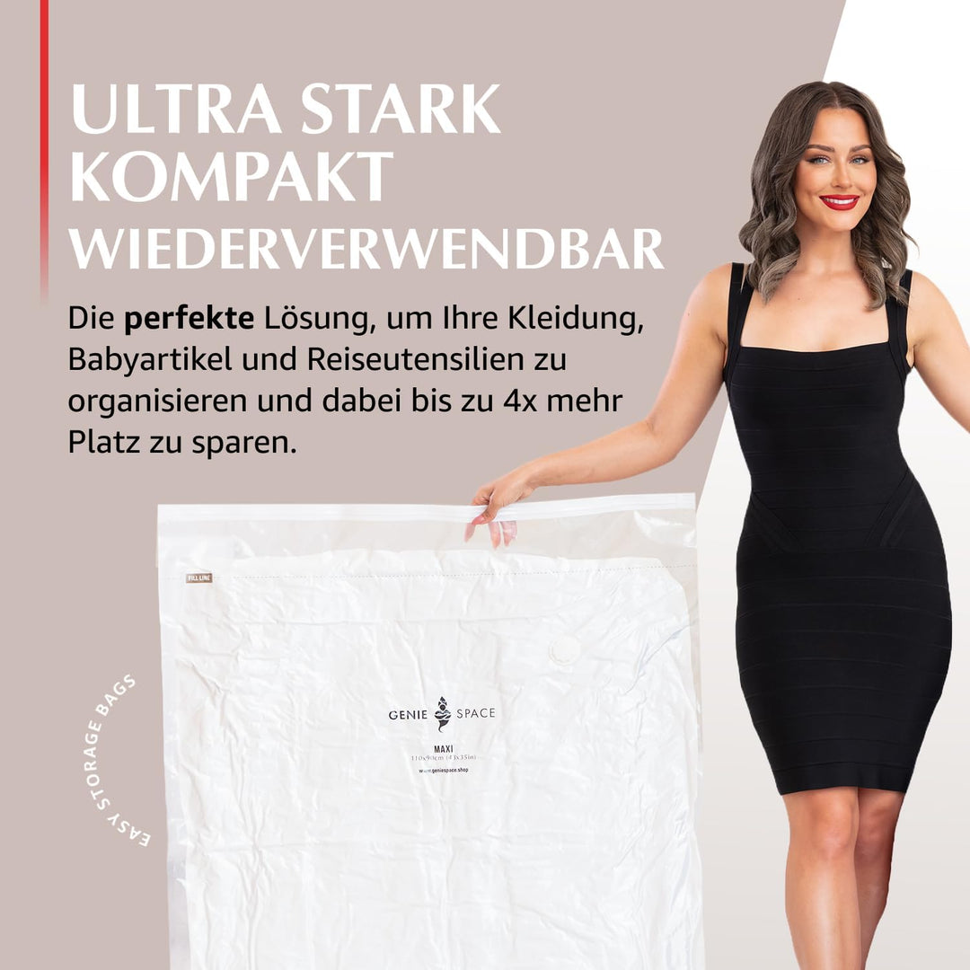 GENIE SPACE Premium Vakuumbeutel für Kleidung, Bettwäsche & Reisen – Maxi Grösse 110x90 cm, Luftdich