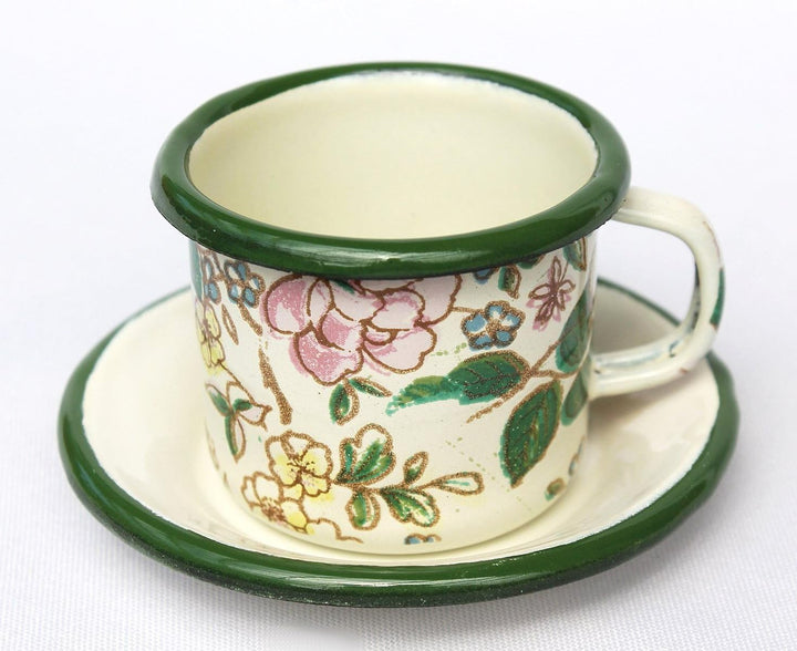 Emaille Tasse mit Untertasse BsB 11/61 Volldekor emailliert 5 cm Kaffeebecher, Volldekor