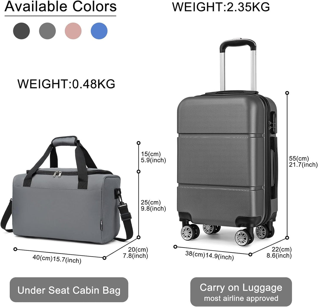 Kono Gepäck-Set, 2-teilig, Handgepäck, Kabinenkoffer, Hartschalen-Spinner-Räder mit Reisetasche, lei
