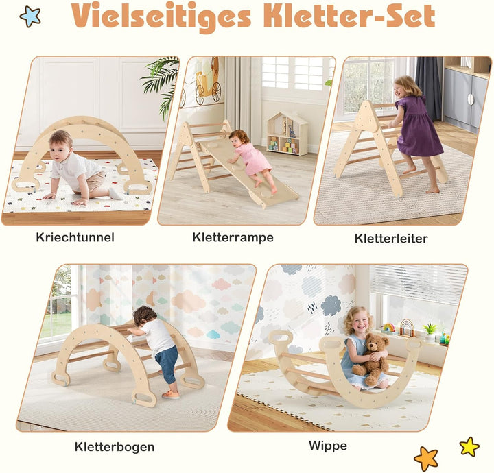 GOPLUS Klettergerüst Indoor, 4 in 1 Kletterdreieck & Kletterbogen & Leiter & Rutsche, Sprossendreiec