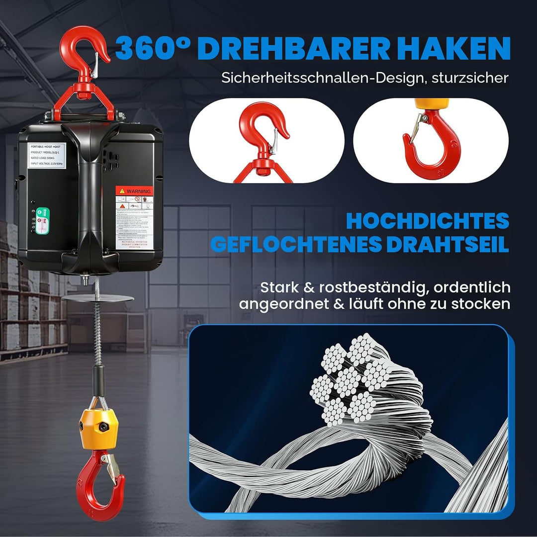 NEWTRY 3-in-1 Elektrische Seilwinde 300kg 11,8m Aufzug 1500W 230V, Drahtlose 60m Fernbedienung Flasc