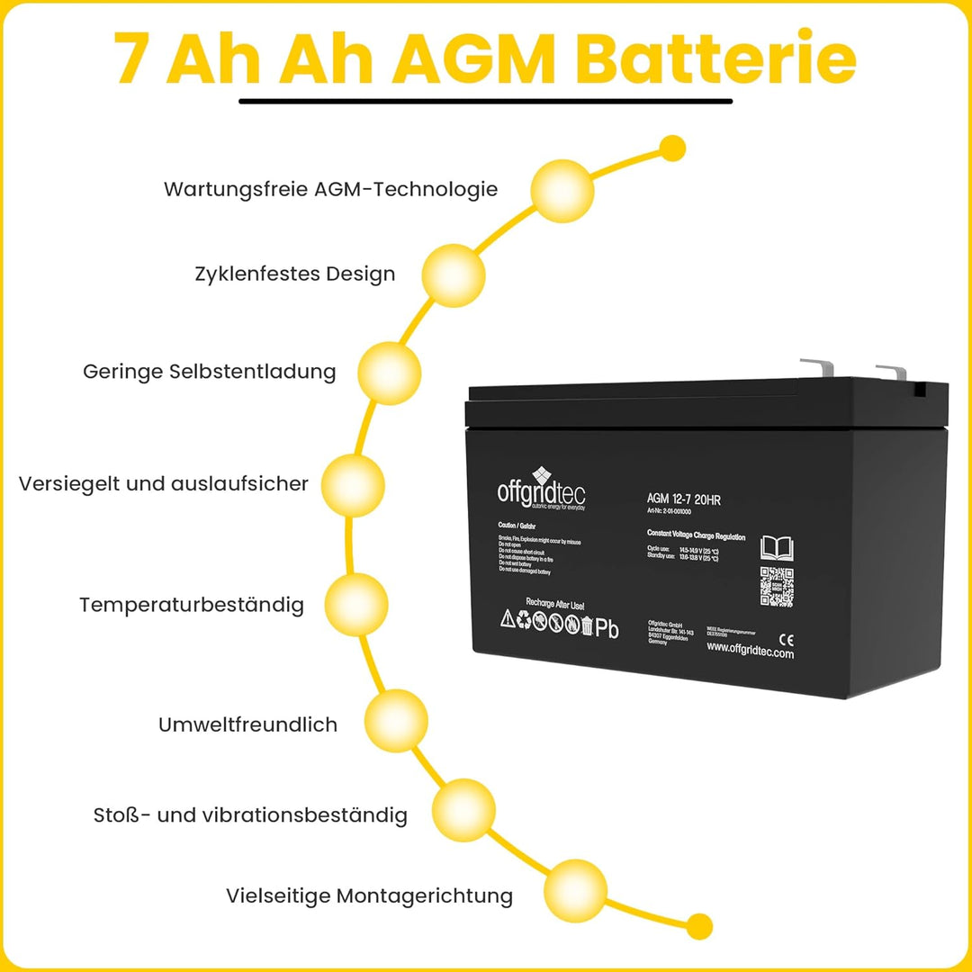 Offgridtec® 7Ah 12V Bleiakku AGM Zyklenfest USV Ersatz VRLA Batterie, 7Ah