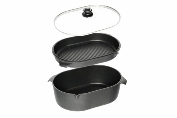 AMT Gastroguss 3er-Set Bräter, bestehend aus Bräter, Gussbräterdeckel mit Grillboden & Glasdeckel, 3