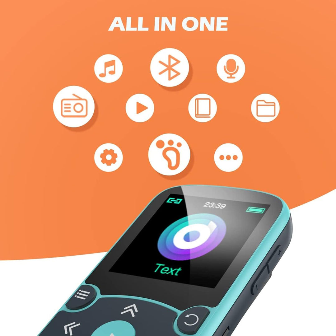 AGPTEK MP3 Player & Schutzhülle Bluetooth 5.0 Sport 32GB mit 1,5 Zoll TFT Farbbildschirm, Mini Musik