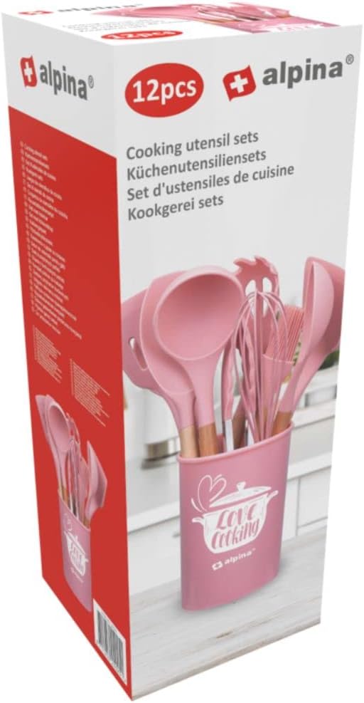 alpina Küchengeschirrset mit Halter – 12-teilig – Silikon-Utensilien mit Holzgriff – Pink Rosa, Rosa