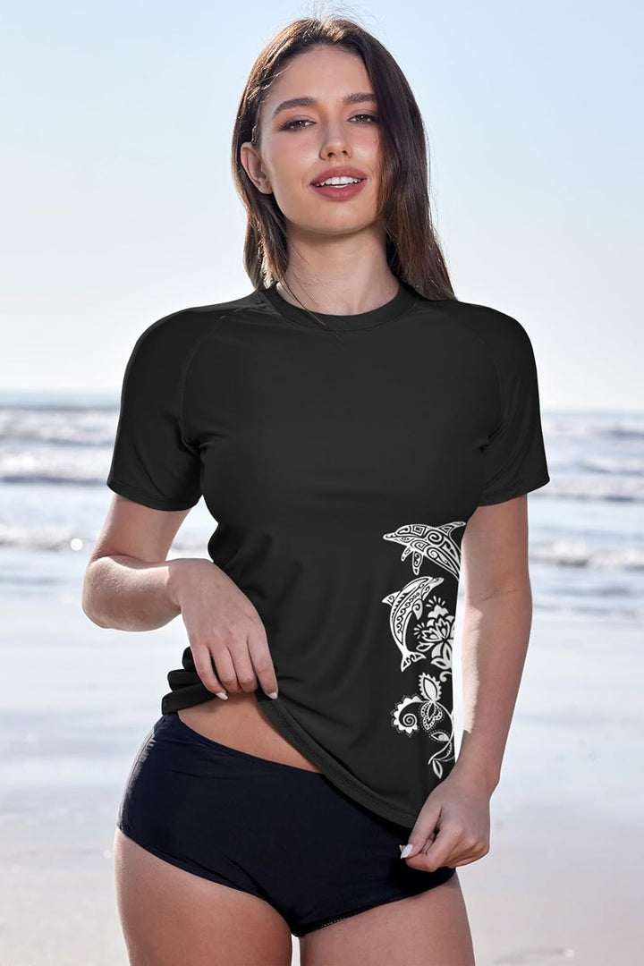 BesserBay Damen Rash Guard Shirt UPF 50+ Rundhals Kurzarm Schnelltrocknend Badeshirt S-XXL M 5 Schwa