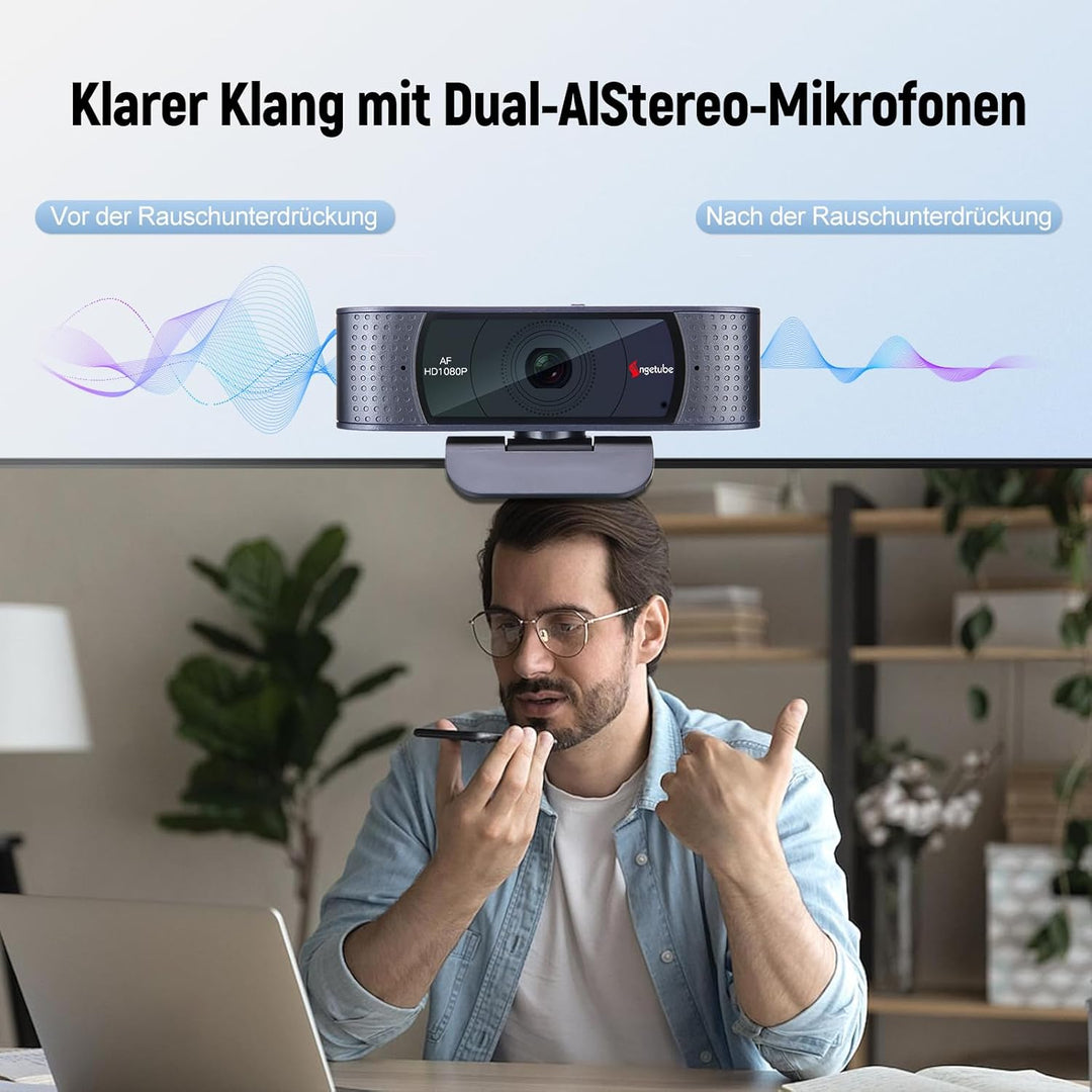 Angetube Webcam mit Mikrofonen - 1080P PC Webcam für Streaming, Autofokus PC Kamera mit eingebauter