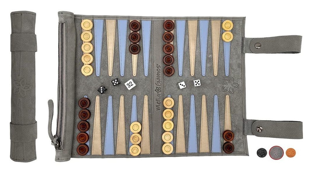 MELIA Outlet Leder Backgammon Set zum Rollen – Reise Backgammon aus Echtleder mit Holz-Spielsteinen