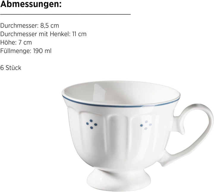 Mäser Serie Lova, Kaffeeservice 18-teilig Porzellan – 6 Dessertteller 19,5 cm, 6 Tassen 19 cl & 6 Un