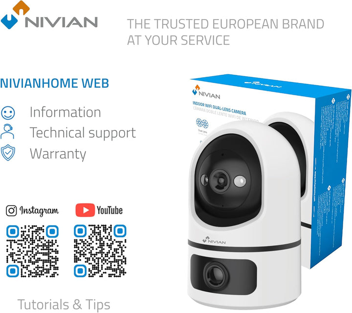 NIVIAN 2K Dual-motorisierte WLAN-Überwachungskamera für den Innenbereich, Doppelobjektiv, ohne Toten