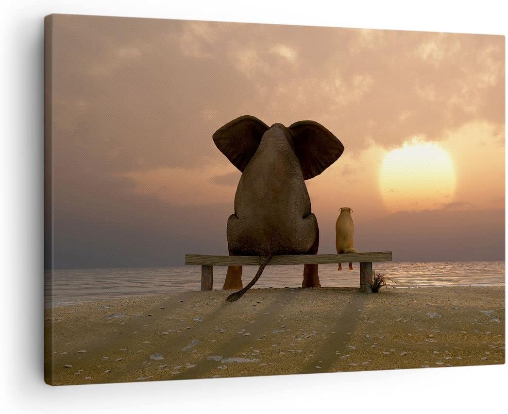 Bilder auf Leinwand Elefant Ufer Meer Leinwandbild mit Rahmen 70x50cm Wandbilder Dekoration Wohnzimm