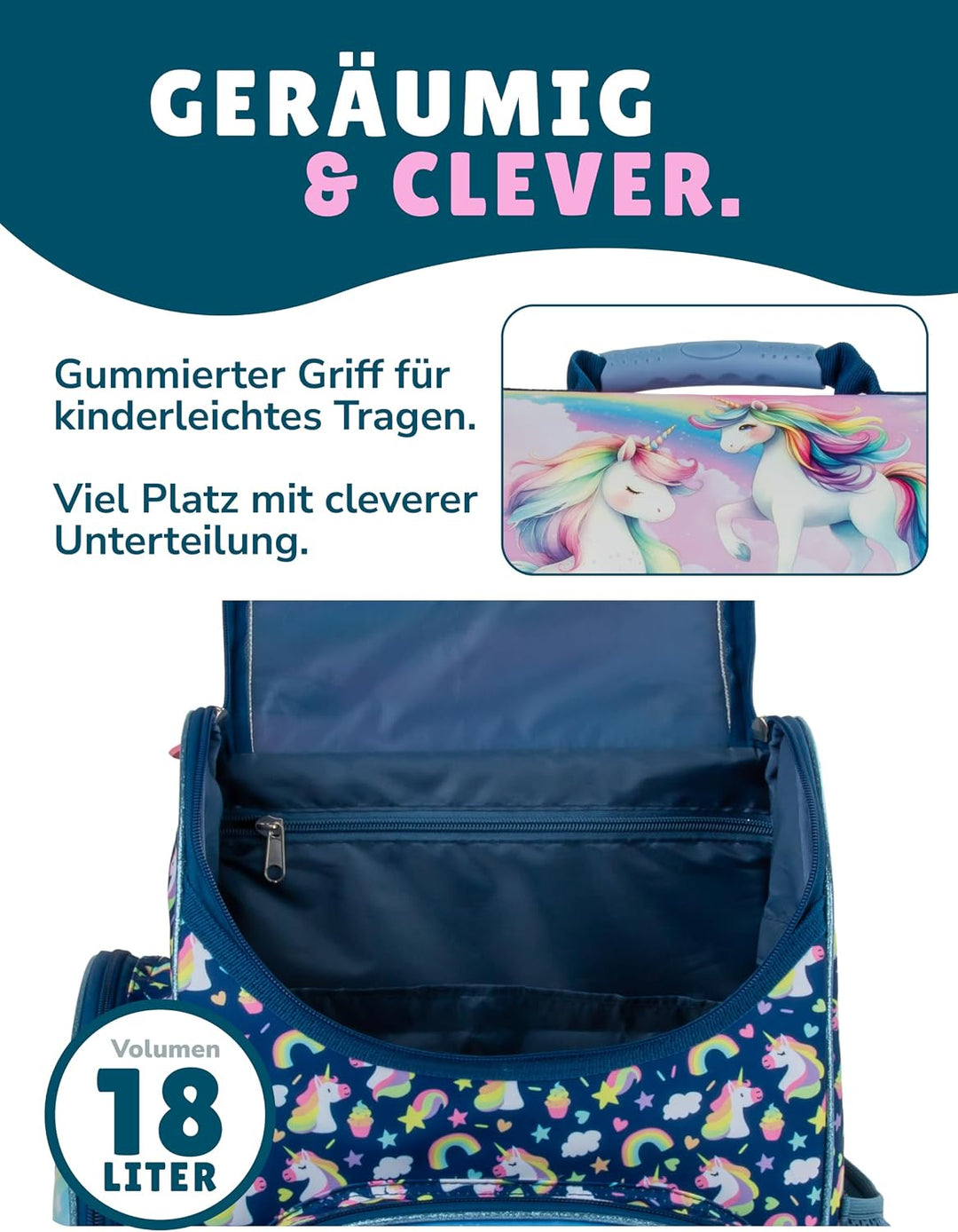Familando Mädchen Schulranzen-Set Unicorn Einhorn Regenbogen, 8-teilig, ergonomischer Tornister mit