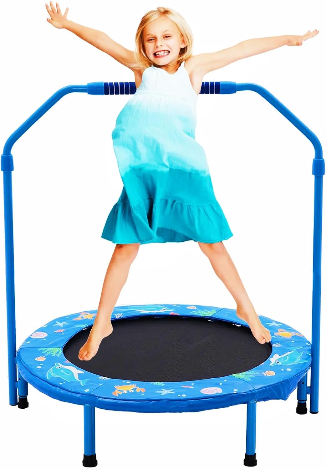 NUKied Trampolin Kinder,Ø 91cm|Faltbarer Rebounder für Minitrampolin mit Handlauf mit verstellbarem