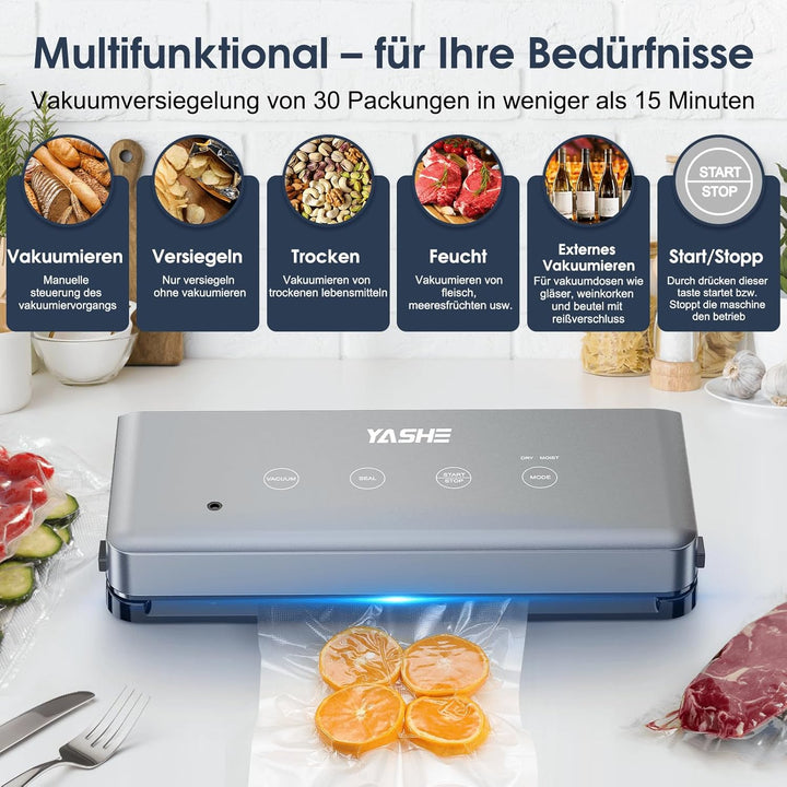 YASHE Vakuumiergerät mit Trocken- & Feuchtmodus, 5-in-1 Multifunktions-Vakuumierer mit 30cm Naht, Id