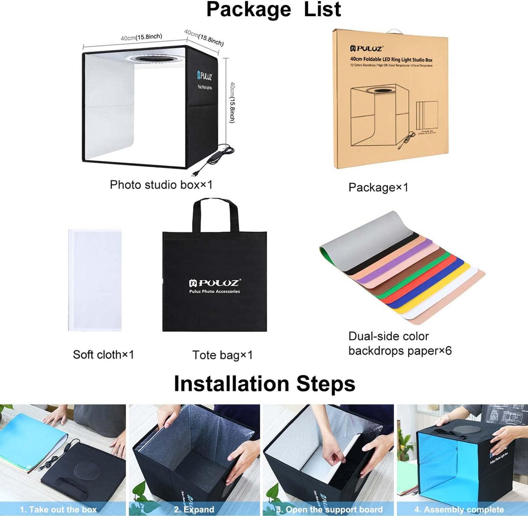 PULUZ Fotostudio Lichtbox Fotobox 40x40x40cm Tragbarer Fotografie Lichtzelte Light Box mit 3 Farbte