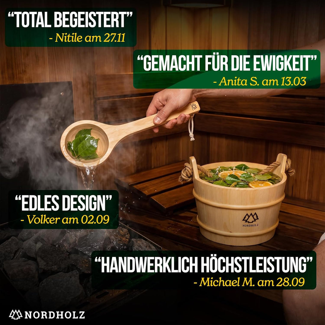 NORDHOLZ® Sauna Eimer mit Kelle aus 100% nordischer Fichte - Hochwertiges Sauna Zubehör - Einsatz, H