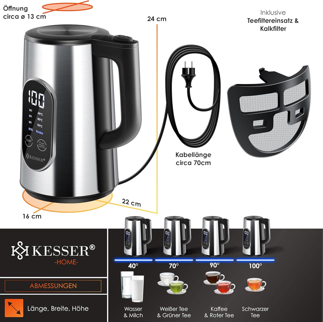 KESSER® Wasserkocher Edelstahl 1.5 Liter | LED-Anzeige | 4-Modi Temperatureinstellung 40°C-100°C | 3