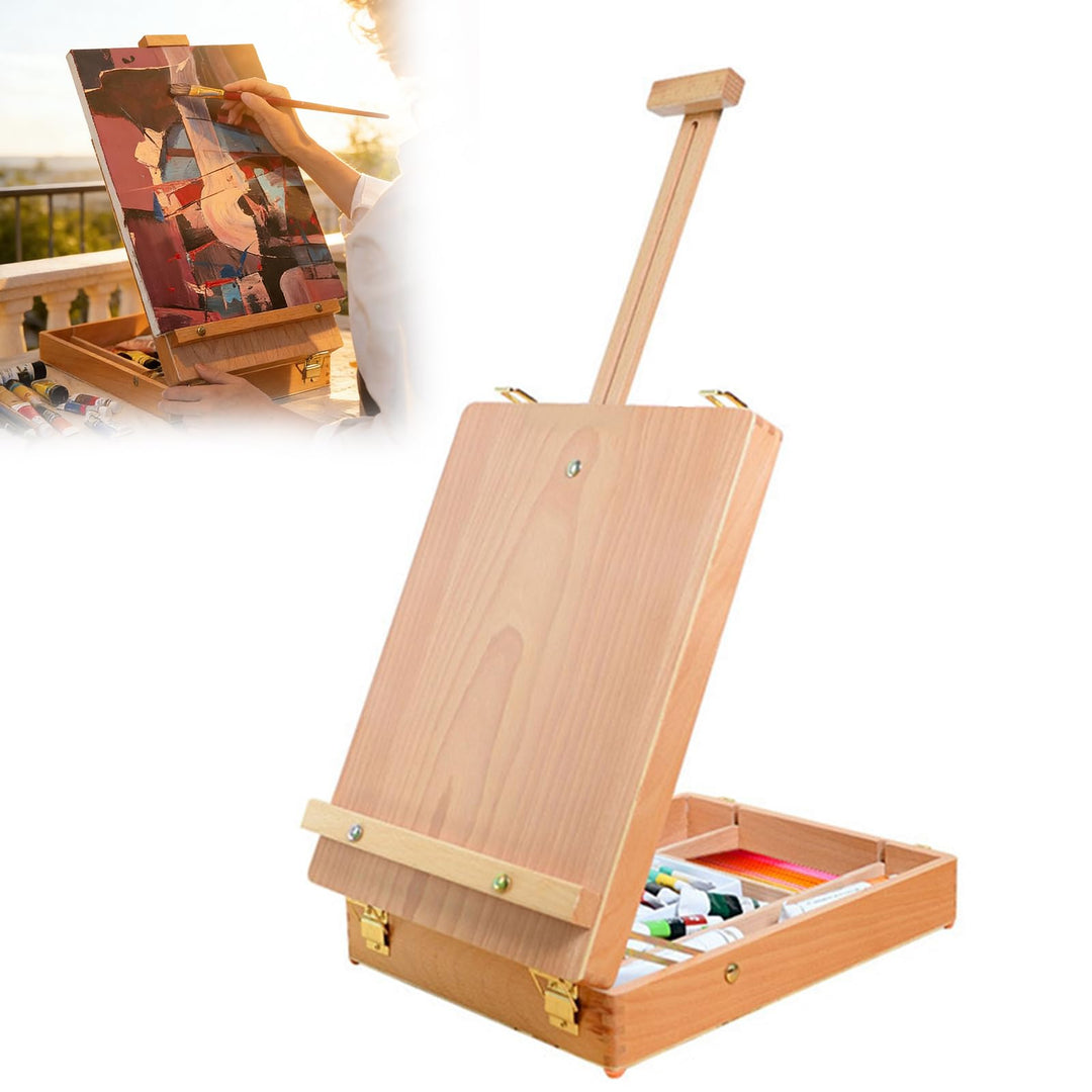 Staffelei Holz, Tischstaffelei mit Skizzenkoffer aus Buchenholz, 2-in-1 Staffelei &amp; Aufbewahrungsbox