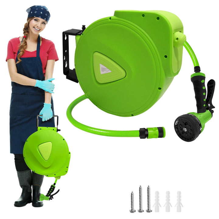 30m Gartenschlauch Schlauchtrommel Wandmontage, Automatik Aufrollfunktion, 9 Funktionen Sprühdüse, 1