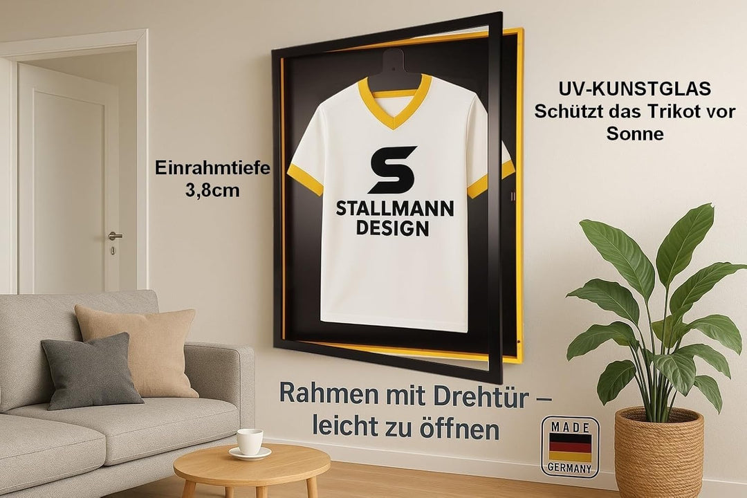 Trikotrahmen mit Drehtür – 'Schwarz-Gelb' - Rückwand Schwarz | Grösse: 90x70cm - von vorne bestückba