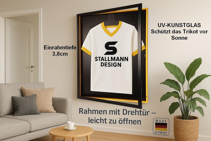 Trikotrahmen mit Drehtür – 'Schwarz-Gelb' - Rückwand Schwarz | Grösse: 90x70cm - von vorne bestückba