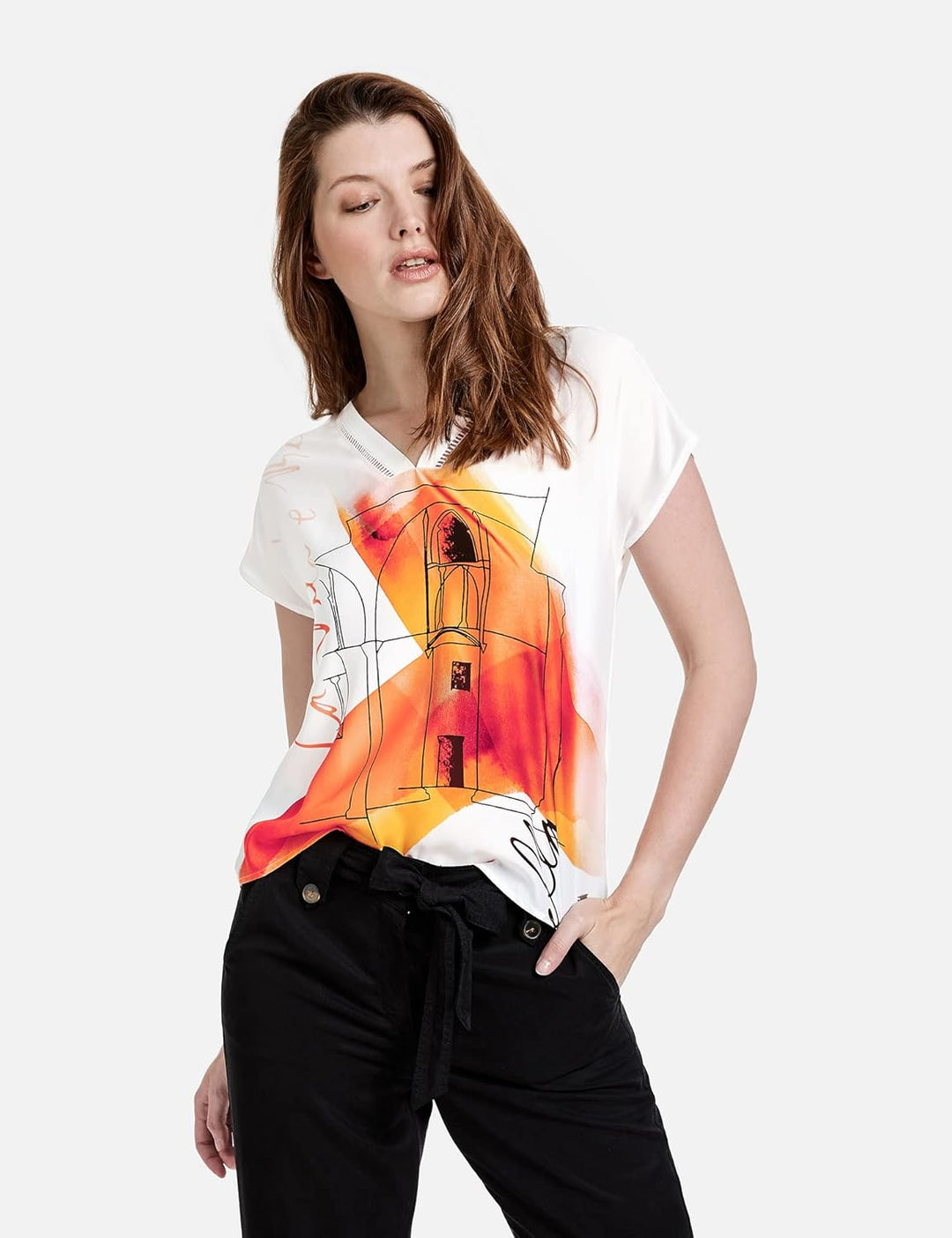 Taifun Damen Blusenshirt mit Front-Print Kurzarm, überschnittene Schultern Gemustert 42 Offwhite Gem