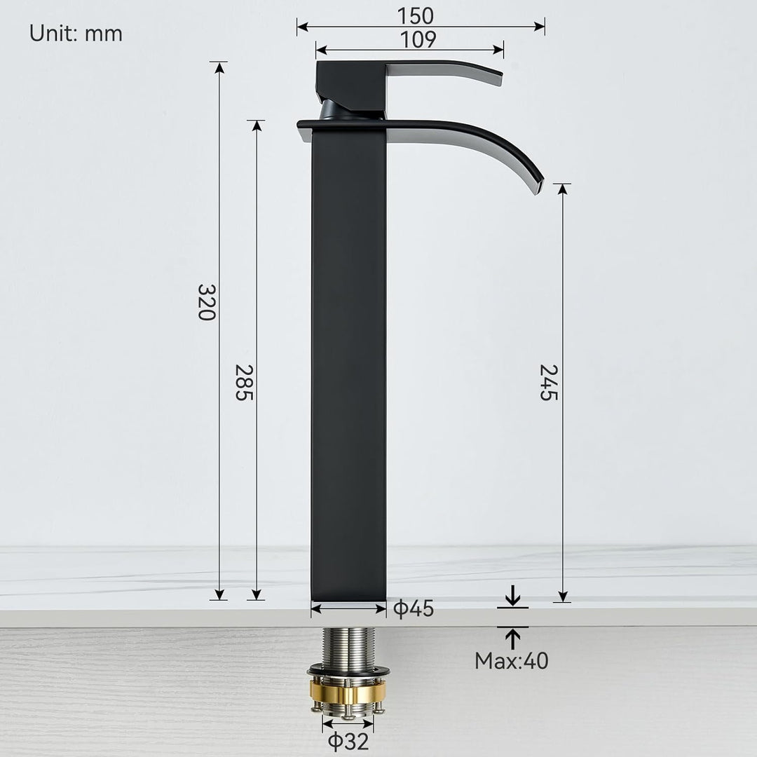 CECIPA Wasserhahn Bad Schwarz Hoch, Waschtischarmatur Wasserfall, Armatur Badezimmer Edelstahl, Wasc