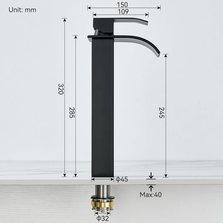 CECIPA Wasserhahn Bad Schwarz Hoch, Waschtischarmatur Wasserfall, Armatur Badezimmer Edelstahl, Wasc