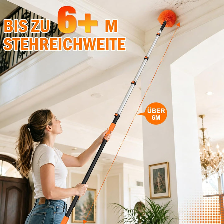 6M Staubwedel Teleskop Waschbar, Spinnwebenbesen mit Teleskopstiel, Fensterabzieher zum Reinigen von