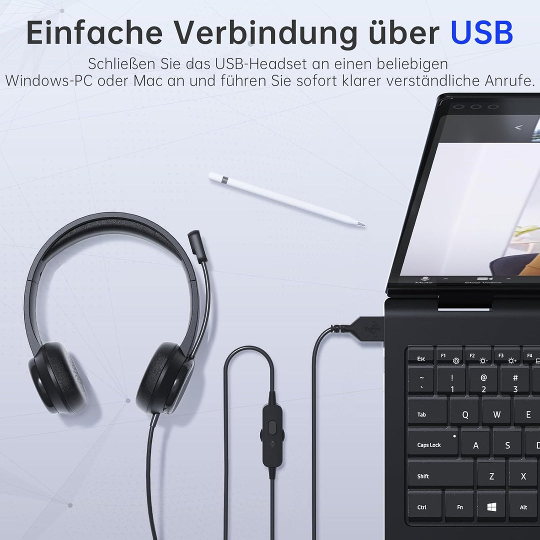 USB Headset mit Mikrofon, Stereo-Headset Noise Cancelling Mikrofon, Kabelgebundenes USB PC Headset f