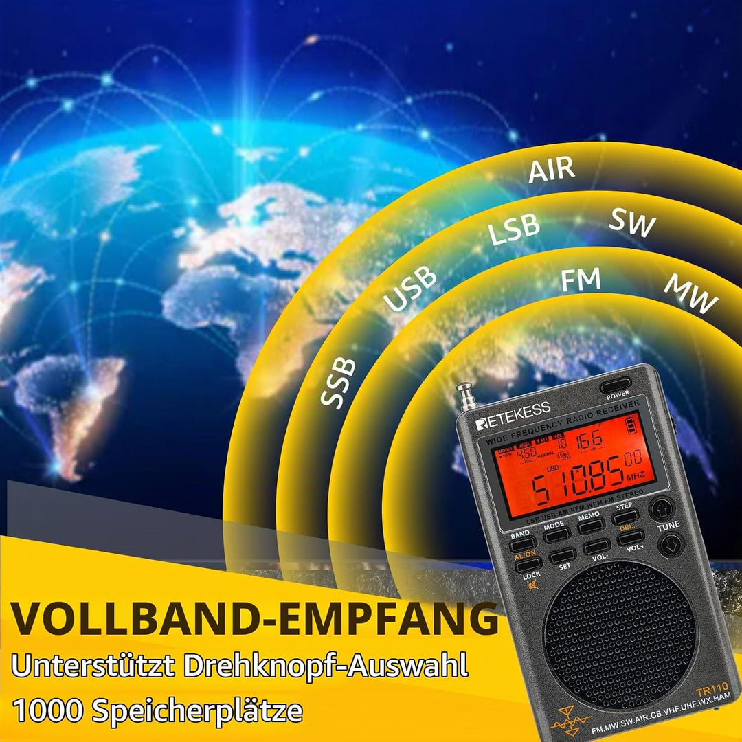 Retekess TR110 Tragbares Digitales Radio,FM MW SW SSB Air Band World Receives Radio,FM Stereo,Sleep