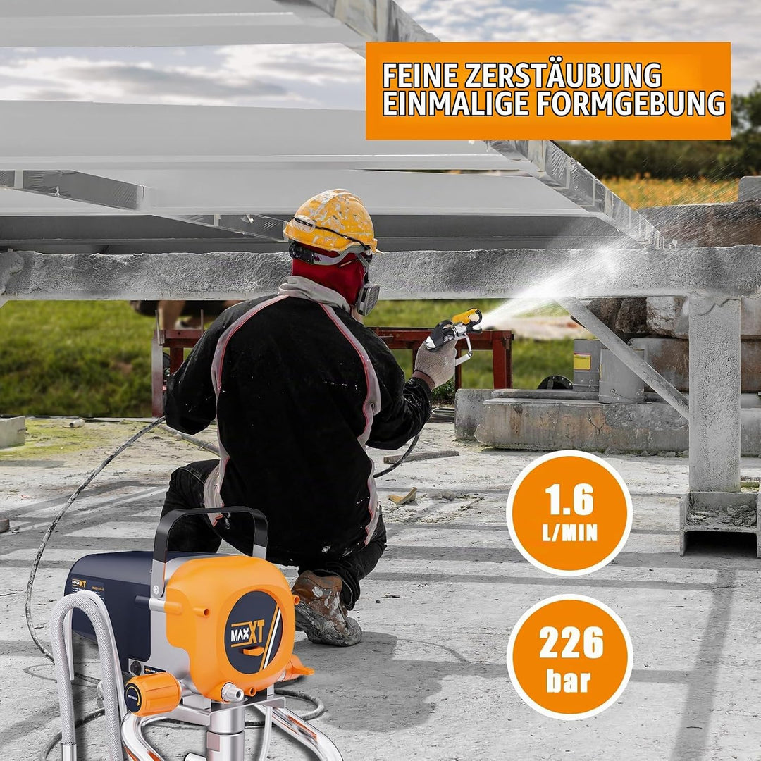 MAXXT Airless-Farbspritzgerät | 226 bar Hochdruck | 1200W | Max. Durchfluss 1,6 l/min | 7,5 m Hochdr