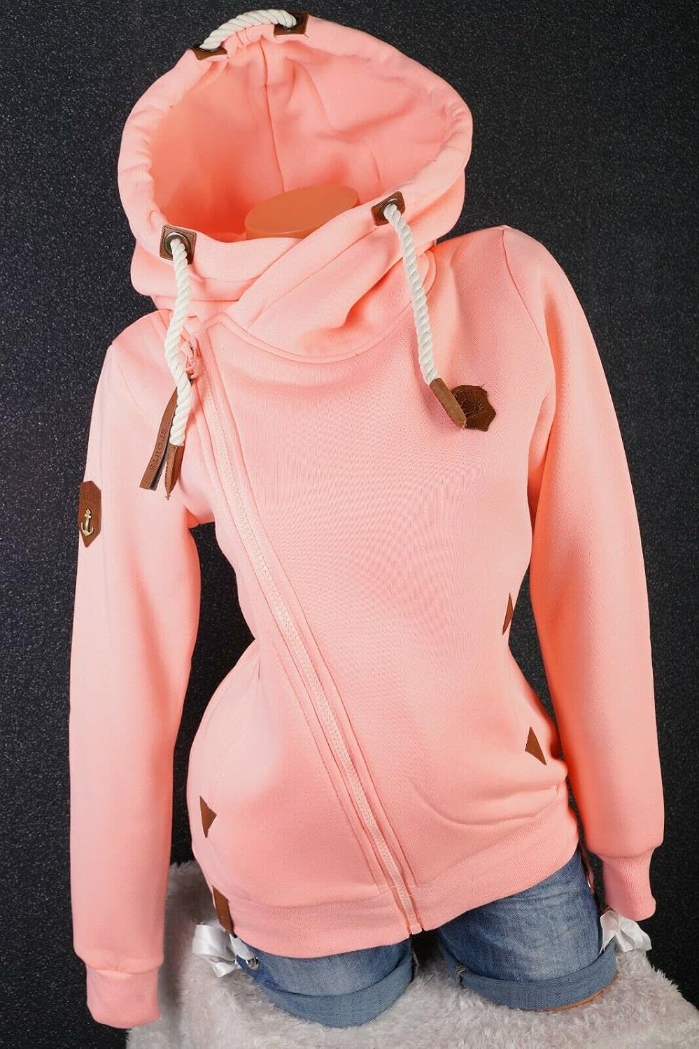 VIN TE Damen Sweat Jacke XXL Kapuze Hoodie Übergangsjacke Fleece gefüttert schräger Reissverschluss