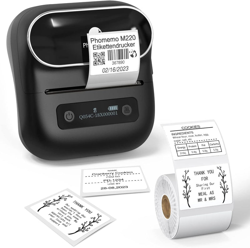 Phomemo M220 Etikettendrucker Beschriftungsgerät, Thermo Bluetooth Tragbarer Etikettenhersteller, Ak
