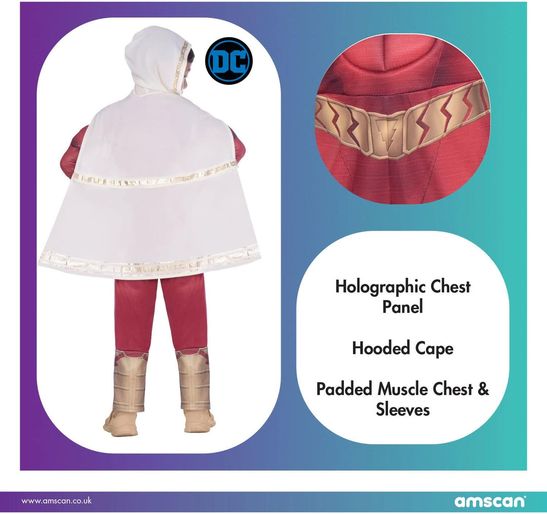 Amscan - Kinderkostüm Shazam, Overall mit gepolsterter Brust, Kapuzenumhang, DC Super Heroes, Motto-