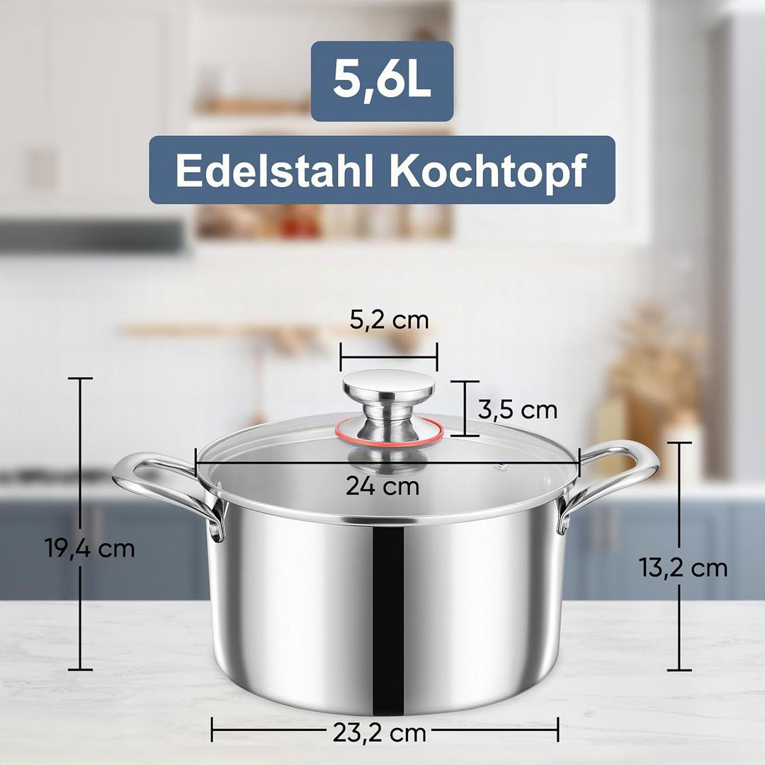 Kochtopf, Onader 3-Lagen Edeastahl Topf Induktion, 5,6L Kochtöpfe Nudeltopf Suppentopf mit Glasdecke
