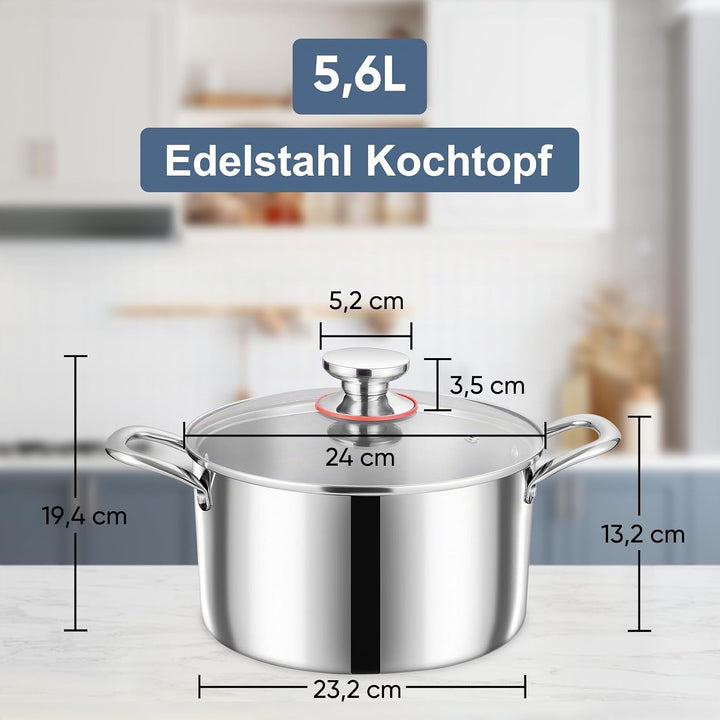Kochtopf, Onader 3-Lagen Edeastahl Topf Induktion, 5,6L Kochtöpfe Nudeltopf Suppentopf mit Glasdecke