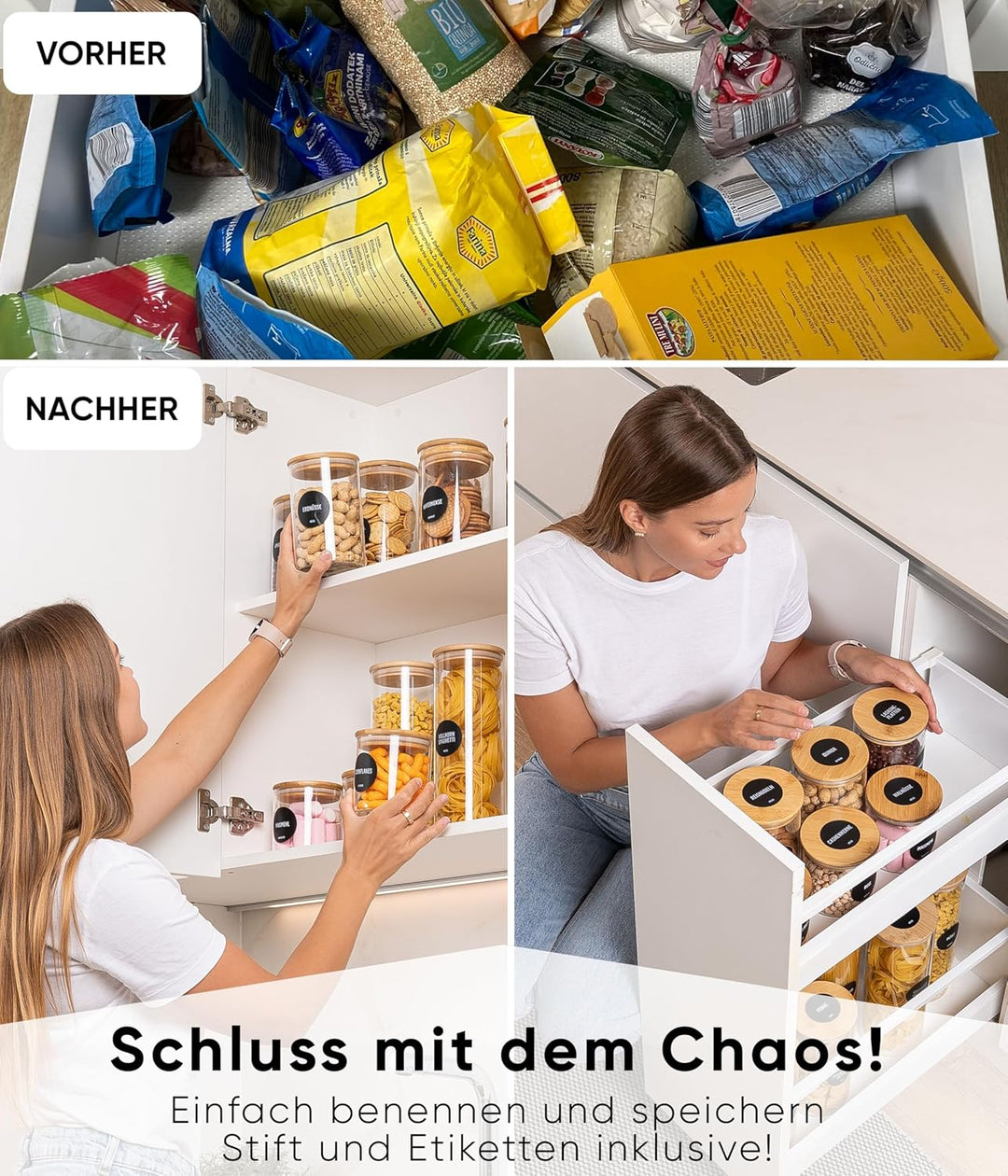 Deco haus® Vorratsgläser mit Deckel luftdicht + Etiketten [8er KOMBI SET] - Für Müsli, Cornflakes, M