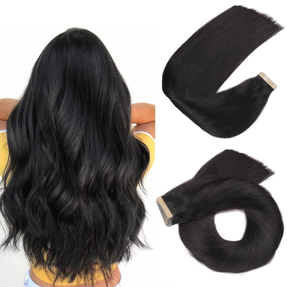 HotLulana Tape Extensions Echthaar 40stück 80g Haar Extension Natur Schwarz Remy 100% Natürliche Inv