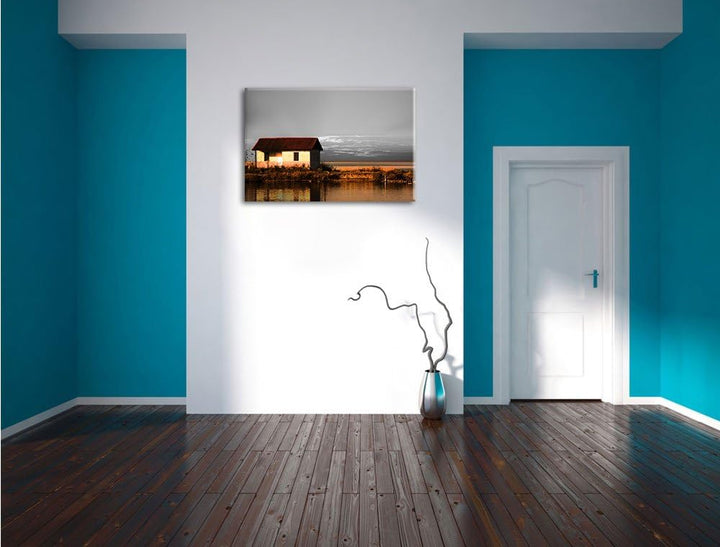 Pixxprint Haus am See bei Sonnenuntergang als Leinwandbild/Grösse: 100x70 cm/Wandbild/Kunstdruck/fer