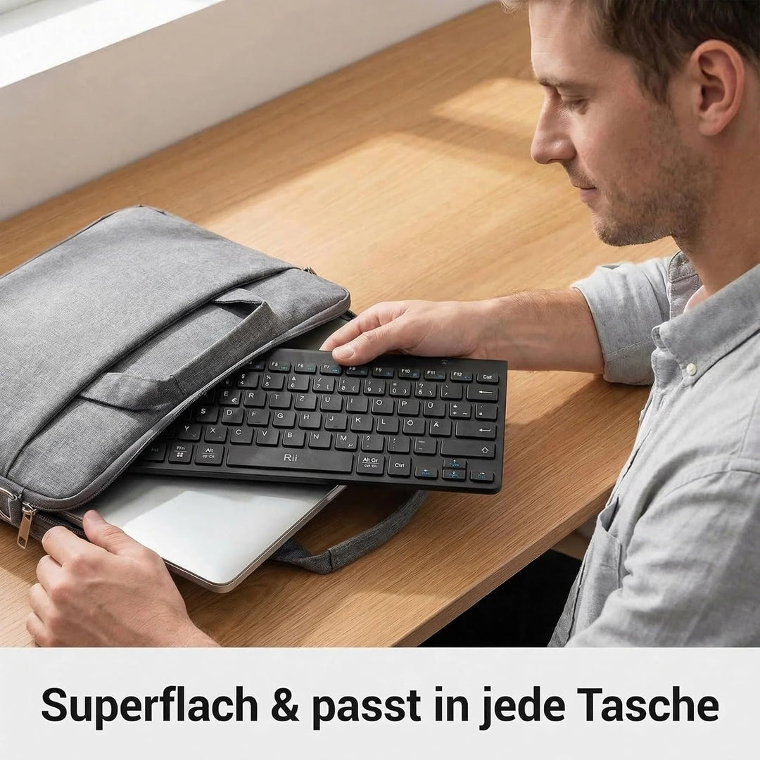 Rii Mini Tastatur Maus Set Kabellos, QWERTZ Deutsches Layout, 2,4GHz Empfänger, Superflaches Design